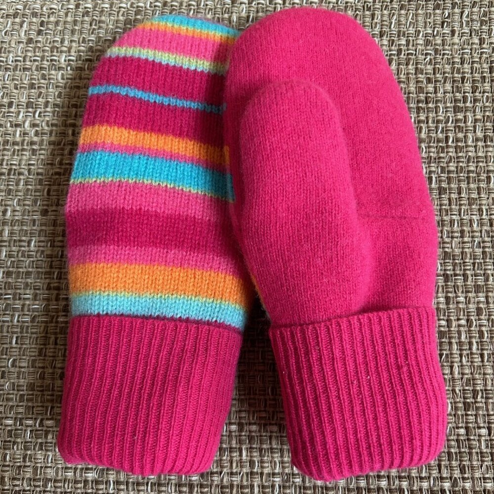 Felted Mittens Handcrafted from Repurposed Sweaters. Bright Multi-Color and Pink
